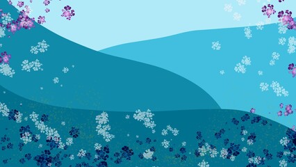 Abstract Floral Design with Flowing Blue and Purple Petals on a Serene Background with copy space.