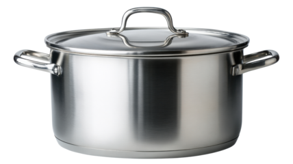 Stainless steel cooking pot with lid, kitchen cookware for preparing meals, isolated object on transparent background