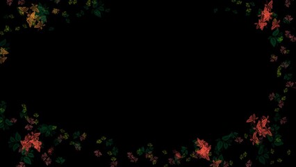 Abstract Leaf Patterns in Green and Red on Dark Background Frame with copy space.
