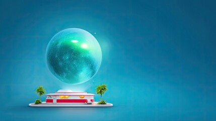 A surreal image featuring a modern house with a floating orb above it, set against a blue background.