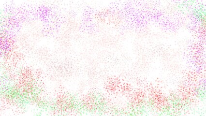 Abstract colorful speckled border background with clusters of small soft dots in red, green, purple, and gray tones, forming a subtle frame around a bright white empty center for copy space.