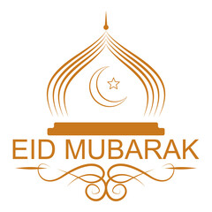 Eid Mubarak greeting with a mosque silhouette featuring a crescent moon and star