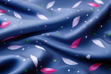 Close-up of a blue fabric with a floral pattern featuring leaf and dot designs. The fabric has a smooth, flowing texture.