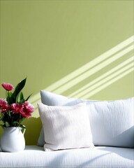 A white couch with pillows and a vase of pink flowers, with sunlight streaming across a green wall.