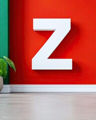 A large white letter Z is mounted on a red wall, with a green wall and a potted plant in the corner. The image has a modern, minimalist aesthetic.