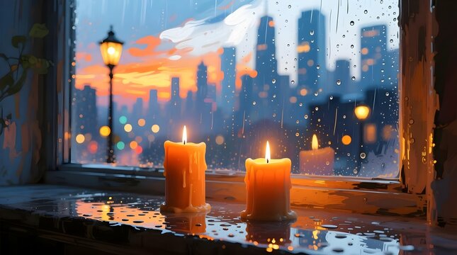 Cozy night in with candles glowing warmly against a rainy cityscape sunset view, perfect for relaxation, meditation, or a peaceful moment indoors - Powered by Adobe
