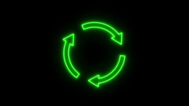 Neon blue recycle loop icon animation on black background, glowing circular arrows symbolizing sustainability, eco renewal, refresh update cycle, environmental conservation process workflow