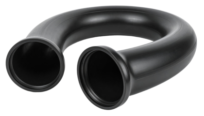 Black, glossy, curved plastic pipe with two open ends facing forward on a seamless white background