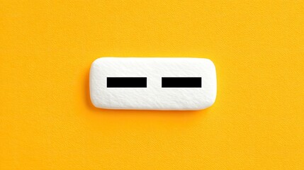 A white rectangular object with two black rectangles on a textured yellow background. Minimalist and abstract composition.