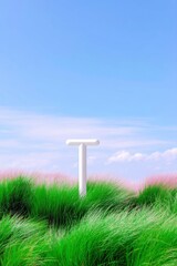 A white T-shaped object stands in a field of green and pink grass, under a clear blue sky with a few clouds. The scene is bright and airy.