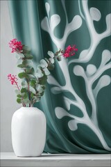 A white vase holds a floral arrangement with pink flowers and green leaves, set against a teal curtain with a white abstract design. The scene is bathed in soft