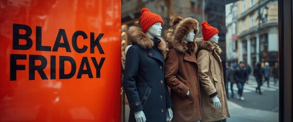 Chic storefront display featuring mannequins in stylish winter coats and hats, promoting Black Friday deals to attract shoppers and highlight seasonal fashion trends.
