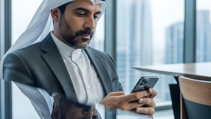 Businessman using smartphone in modern office setting, professional man seated at desk with city view, digital communication focus, indoor environment, close-up perspective