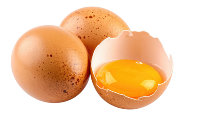 Three eggs, one cracked open, revealing a bright yellow yolk, against a black background