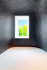 A window with a view of a bright green landscape is set in a dark room with a white bed. The scene is illuminated by bright light and shadows.