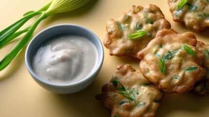 Close-up of fried fritters with green onions and dipping sauce in a small bowl, with a yellow background.