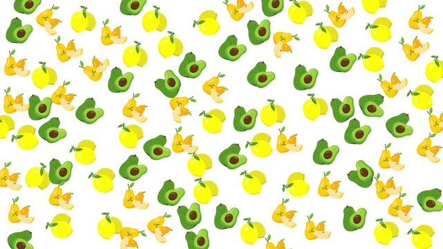 Pattern of avocados, pears, and apples on white background. Ideal for food blogs, kitchen decor, recipe books, menu designs.