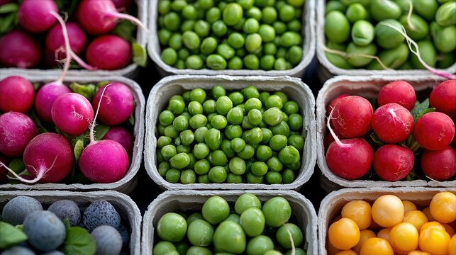 Close-up of various fresh vegetables, including radishes, peas, and other produce, displayed in cardboard containers. The image is taken in daylight.