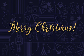 Golden Christmas greetings against dark holiday patchwork collage with festive symbols and icons
