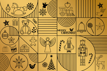 Christmas holiday themed patchwork collage with festive symbols and icons in Art Deco style, gold and black
