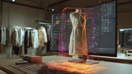 Medium shot of a futuristic workspace with a computer screen showing AIbased pattern recognition and predictive models guiding seasonal clothing designs.