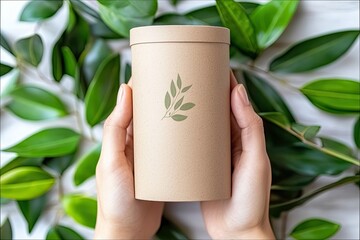 A woman's hands hold a cylindrical kraft paper container with a leaf design, surrounded by green leaves, creating a natural and organic composition.