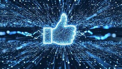 Abstract blue digital thumbs up sign in cyberspace with flowing data particles for online approval concept and global communication - Powered by Adobe