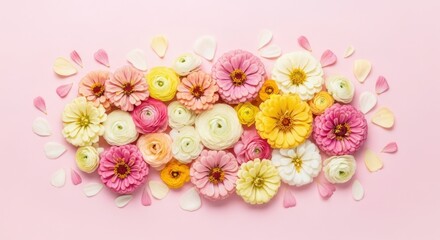 Vibrant assortment of colorful ranunculus flowers on pink background