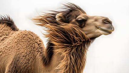 Close-up of camel head and fur blowing in wind in natural outdoor environment with soft background, wildlife photography capturing animal motion and texture