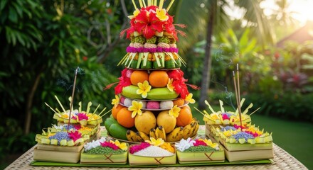 Elaborate balinese fruit offering tower decorated with flowers and leaves