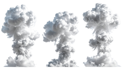 Three white, billowing smoke columns rise on a black backdrop, resembling mushrooms or dense clouds