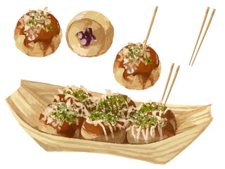 たこ焼きのベクターイラストセット 経木船皿 屋台 お祭り 夏祭り 夜店 爪楊枝