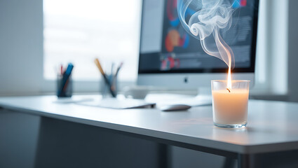 A lit candle with smoke rising sits on a desk in a home office in front of a computer screen creating a serene and focused atmosphere for work or relaxation