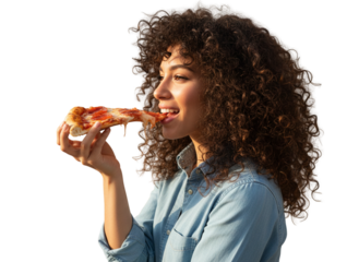 Curly-Haired Woman Holding Pizza Slice Near Mouth, Playful Side Angle Pose Light Blue Shirt