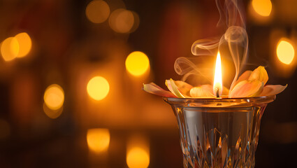 A single lit candle with a flame and smoke rising from it placed in a decorative glass holder with a bokeh background of warm orange and yellow lights