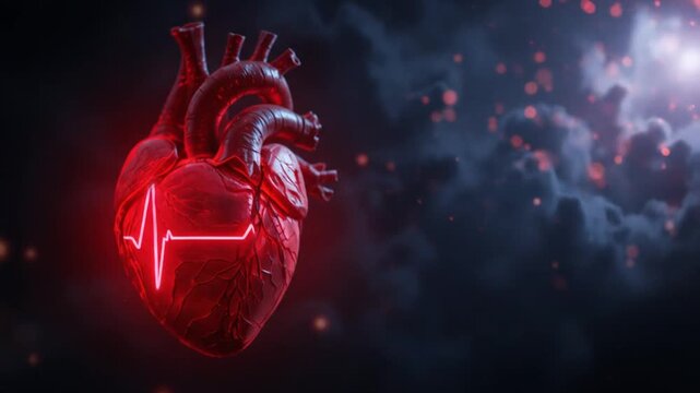 Red Heart Animation with ECG Lines Pulsating in the Dark. 4k video