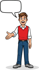 Friendly Cartoon Man in Red Sweater Vest with Welcoming Gesture and Speech Bubble.
