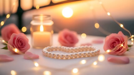 Romantic pearl bracelet and pink roses create a soft glow, perfect for weddings, anniversaries, or Valentine's Day promotions, offering a serene ambiance