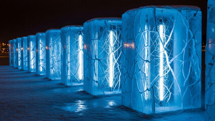 Row of glowing blue ice pillars with intricate cracked patterns on snow at night for a futuristic energy concept and abstract winter art display