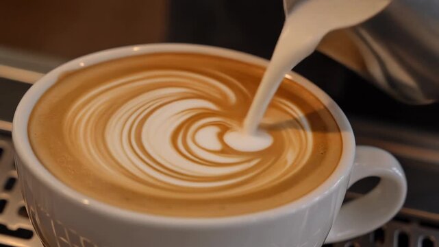 Close-up of a barista pouring steamed milk into a cup of coffee to create beautiful latte art.