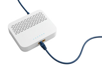 White Wireless Router with Connected Ethernet Cable on Tech Desk