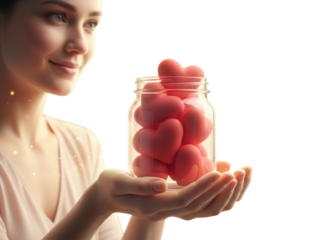 Woman Offering Heart-Filled Jar Forward Soft Blurred Lights Side Angle Compassion Theme