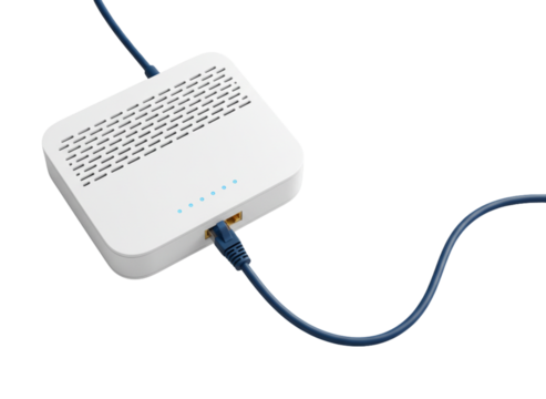 White Wireless Router with Connected Ethernet Cable on Tech Desk