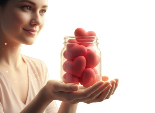 Woman Offering Heart-Filled Jar Forward Soft Blurred Lights  Side Angle Compassion Theme