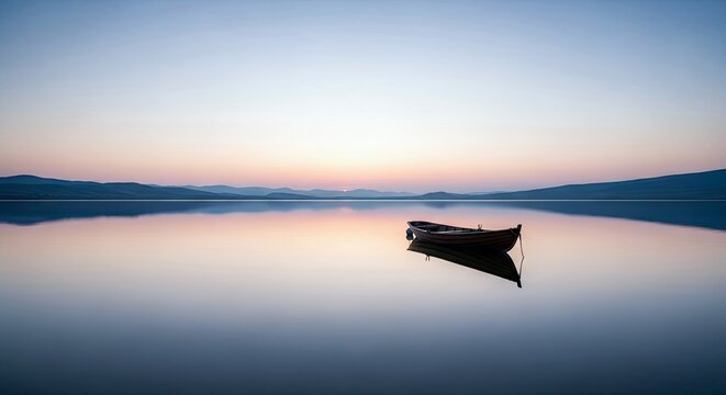 A small boat floats peacefully on a calm lake, reflecting the colors of a beautiful sunset. The scene evokes a sense of serenity and tranquility.