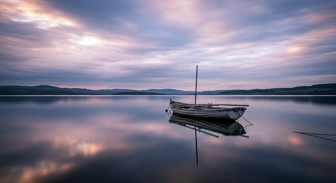 A small boat floats on a tranquil lake, reflecting the colors of a cloudy sunset. The scene evokes a sense of peace and serenity.