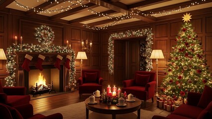 Cozy Christmas Living Room with Fireplace, Tree, and Festive Decor