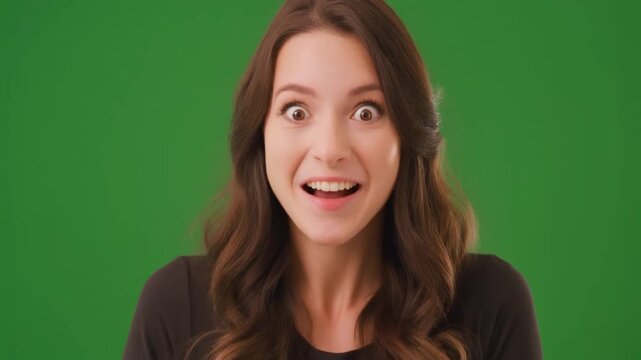 A young woman with long brown hair expresses surprise and excitement, her eyes wide open against a vibrant green background, capturing a moment of shock.