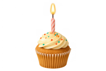 Cupcake with burning birthday candle, cream frosting, and colorful sprinkles, celebrating a special occasion