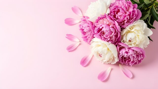 Elegant pink and white peony bouquet on a soft pink background perfect for feminine designs and romantic themes - Powered by Adobe